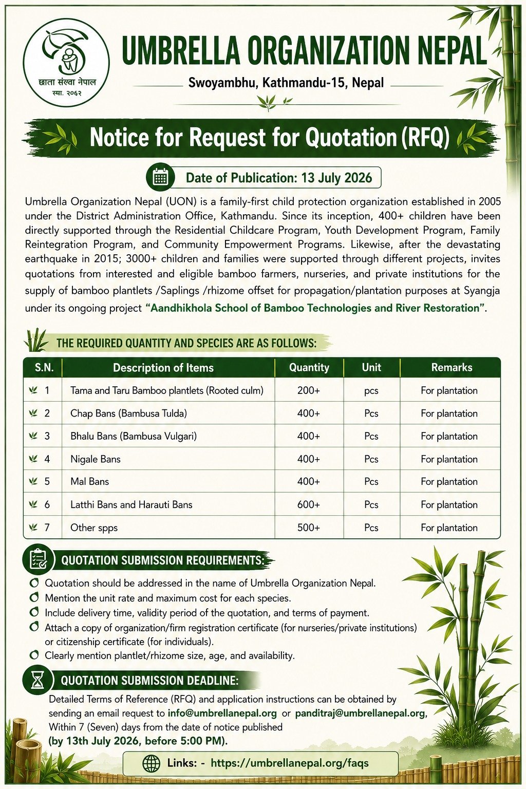 Notice For Request For Quotation ( RFQ)